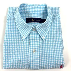 Ralph Lauren Seersucker Shirt Mens Blue Gingham Preppy Button Down S/S Cotton M
